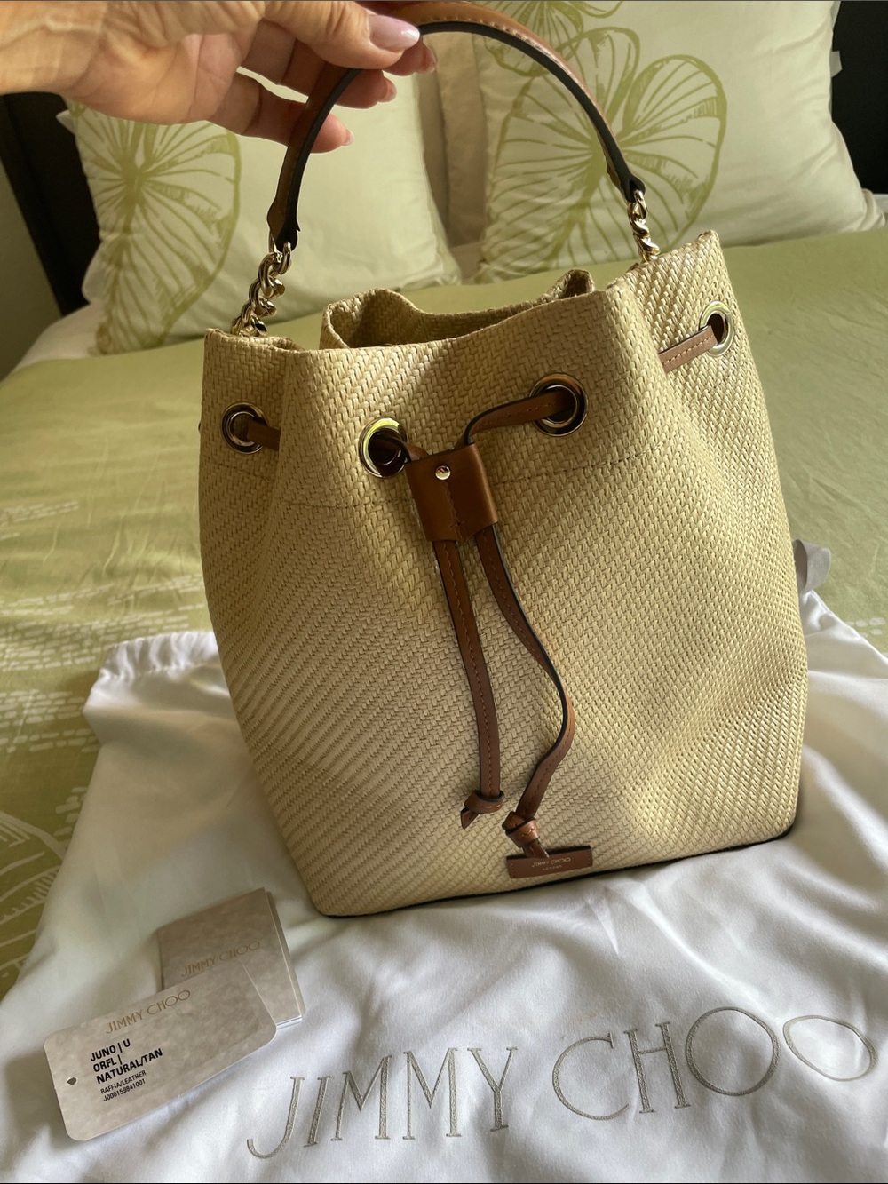 Jimmy Choo Juno Raffia Drawstring Bucket Bag